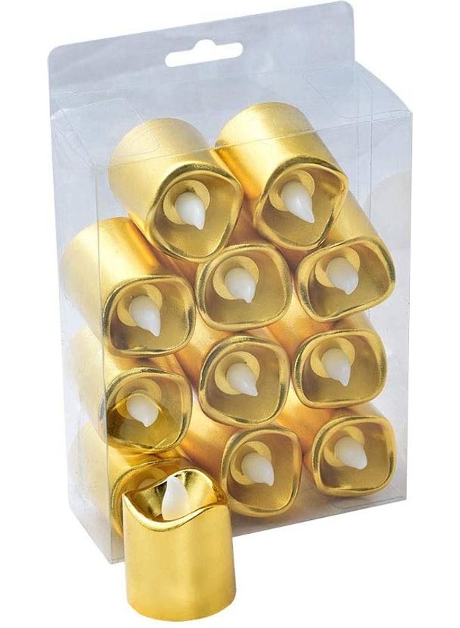 مجموعة شموع صغيرة عديمة اللهب بإضاءة LED تعمل بالبطارية من 12 قطعة ذهبي 4x5سم - Image 1